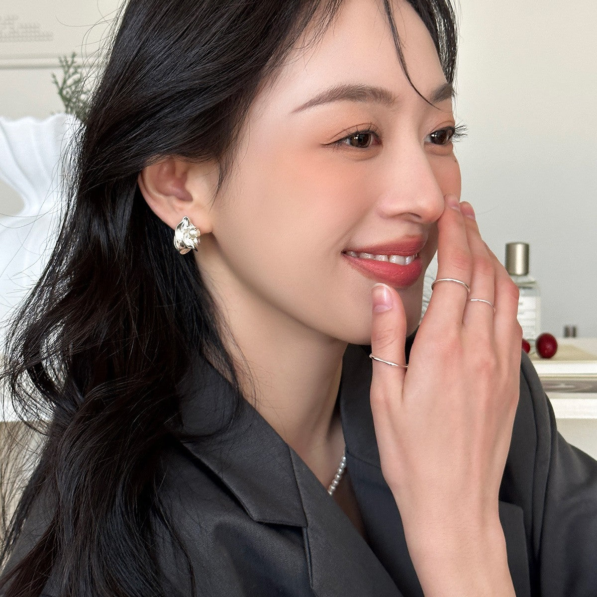 C廠-925銀針珍珠耳釘女精緻小眾冷淡風不規則金屬感耳環高級感新耳飾「EH-3589」25.05-5