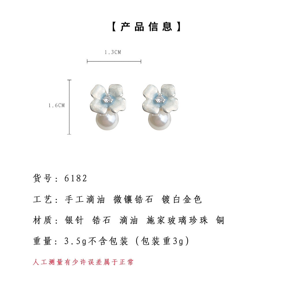 A廠-施家玻璃珍珠微鑲鋯石925銀針琺瑯滴釉漸變花朵耳飾工廠耳環 飾品「6182」25.06-1
