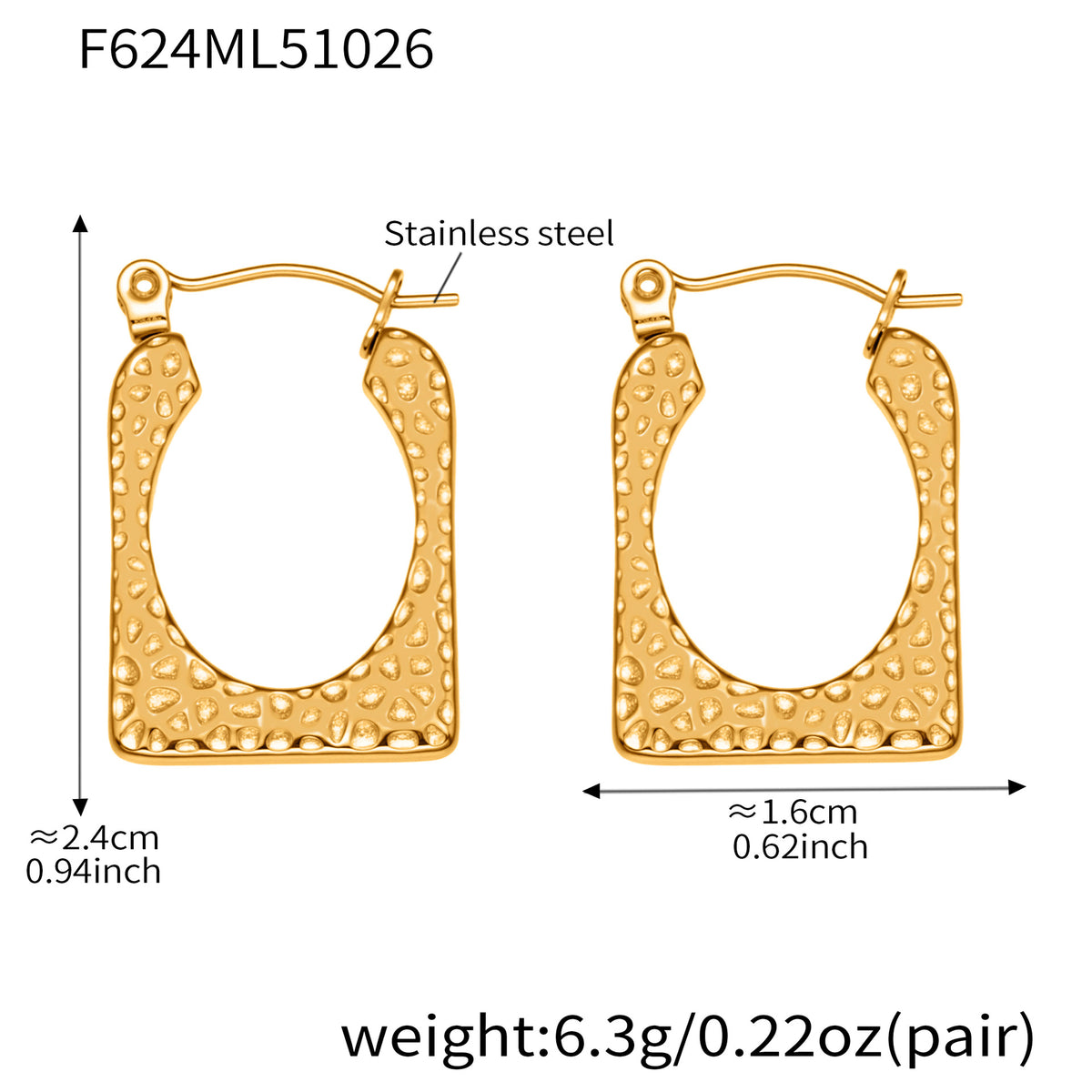 B廠-不鏽鋼幾何U型重工錘紋耳環跨境熱銷新款耳飾鍍18k金不掉色「F624」25.10-5