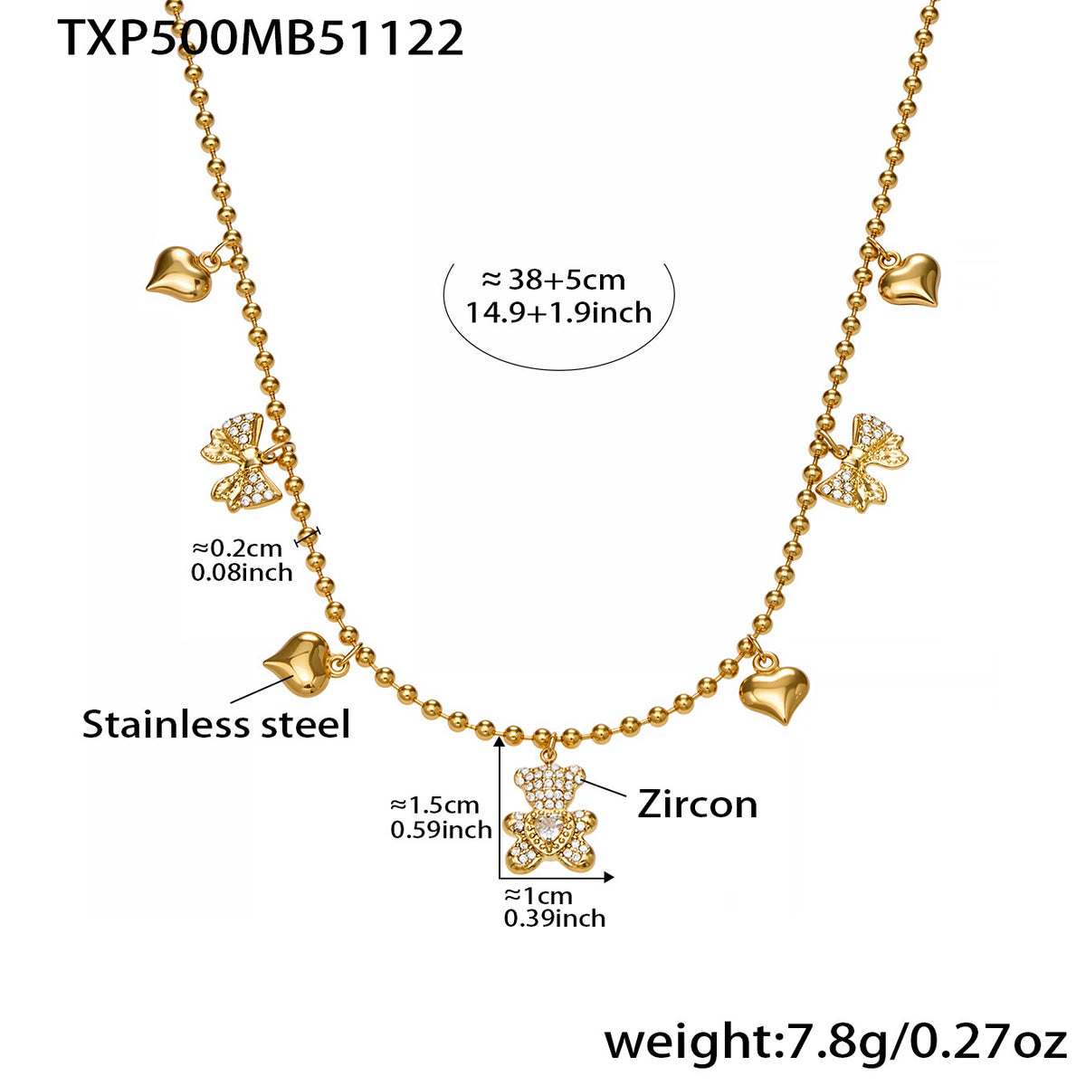 B廠-不鏽鋼5A鋯石滿鑽小熊蝴蝶結愛心多配件吊墜項鍊手鍊耳環首飾套裝「TXP500」25.11-4