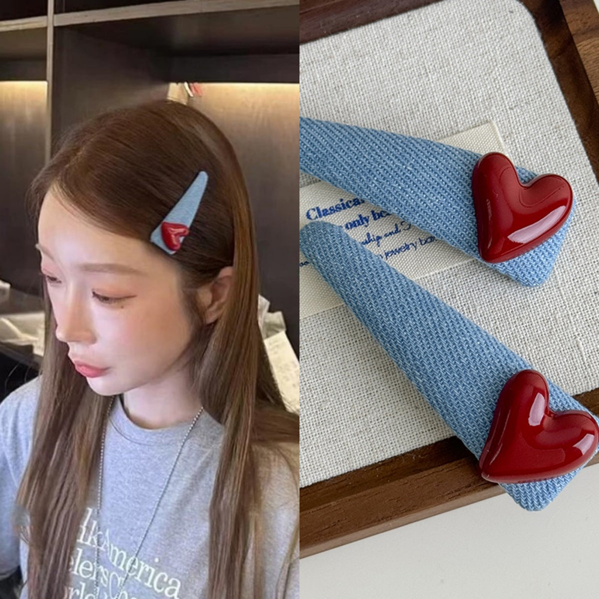 E廠-愛心牛仔布藝三角髮夾少女甜美側邊夾前額碎髮夾2025新款bb夾頭飾「27300」25.08-2