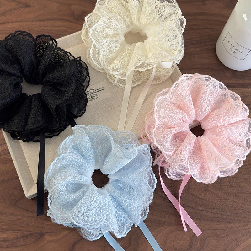 E廠-可抽拉調節刺繡蕾絲雙層髮圈女芭蕾風活動式抽繩絲帶頭花髮繩頭繩「26768」25.04-1