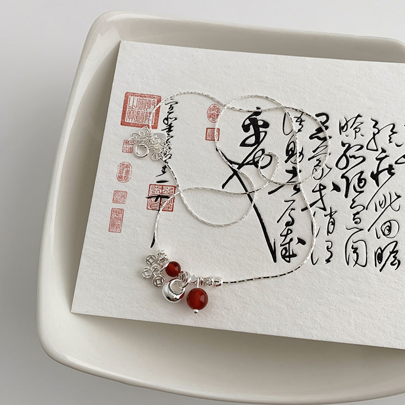 C廠-復古風喜樂福袋招財貓錢幣納福紅瑪瑙S92純銀項鍊女士「X990」25.05-1
