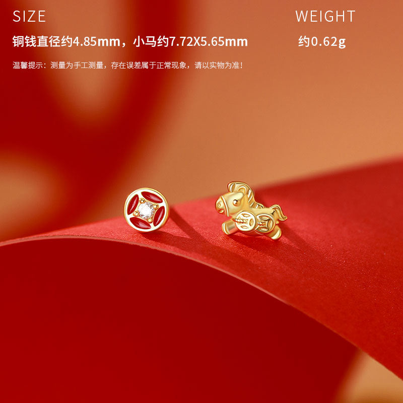 D廠-原創S999足銀小馬錢幣項鍊復古輕奢躍馬轉金耳環戒指本命年首飾批發「YC3989E_1 YC10302E_1 YC2294N_1」25.11-2