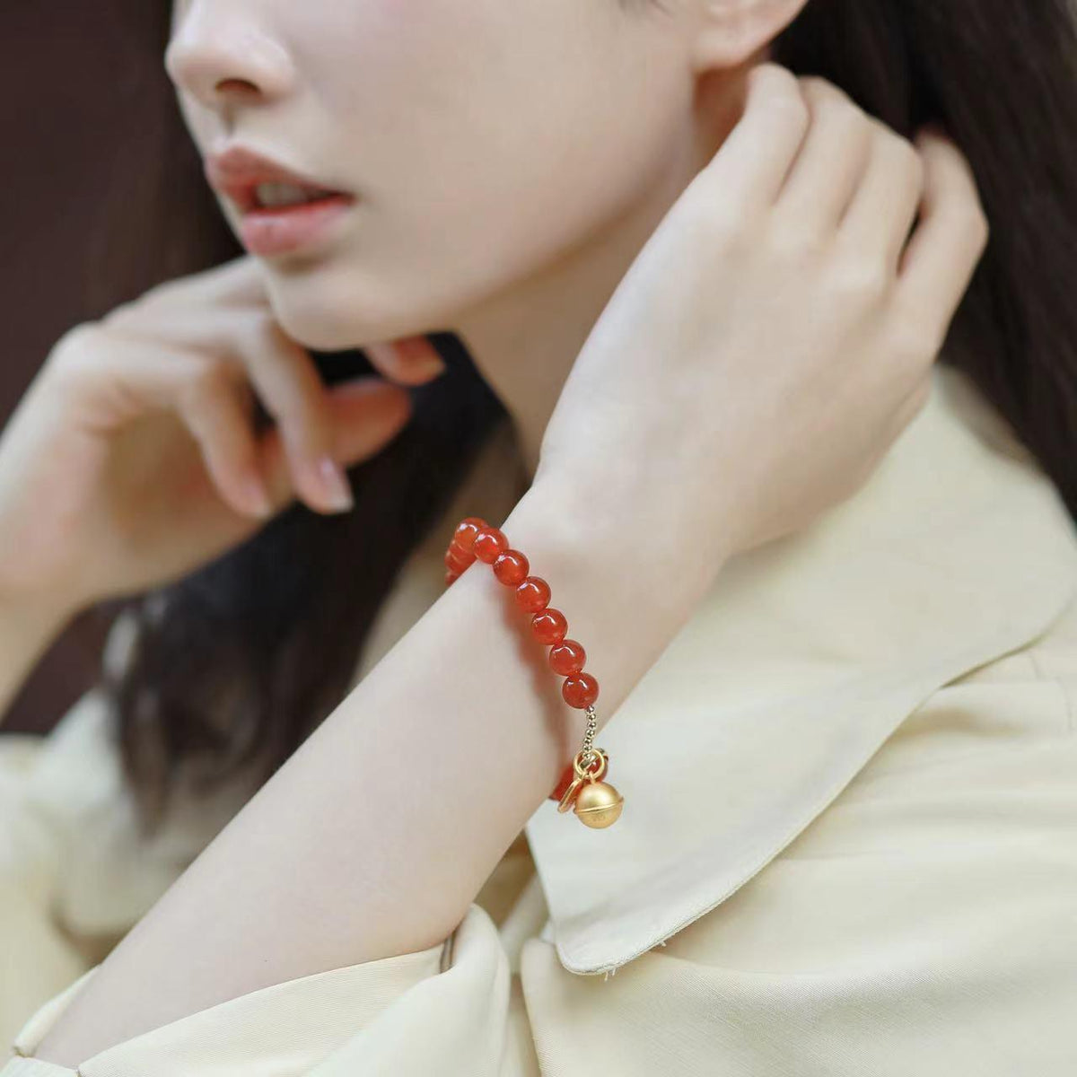 AS廠-天然紅瑪瑙手鍊女生鈴鐺玉髓手串喜慶本命年古風中國風漢服配飾「l995」25.02-2