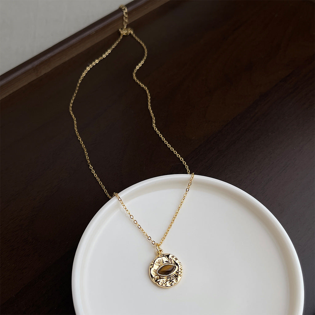 A廠-天然石虎眼石厚鍍18K真金強保色氣質鎖骨鍊眼睛項鍊時尚復古 頸鍊「6633」25.08-4