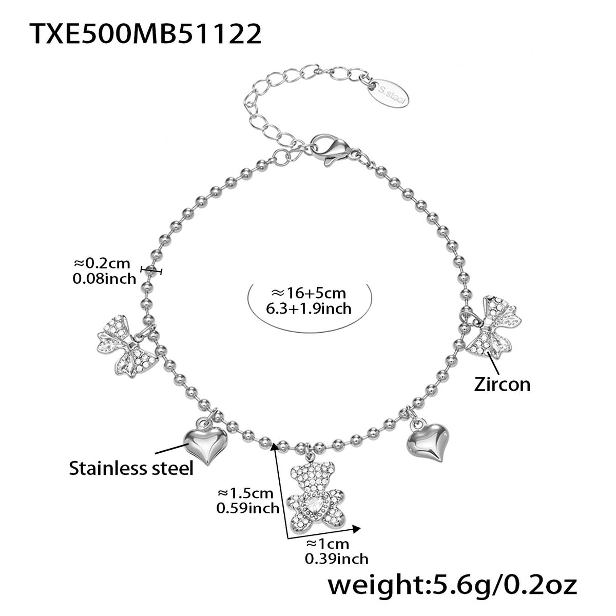 B廠-不鏽鋼5A鋯石滿鑽小熊蝴蝶結愛心多配件吊墜項鍊手鍊耳環首飾套裝「TXP500」25.11-4