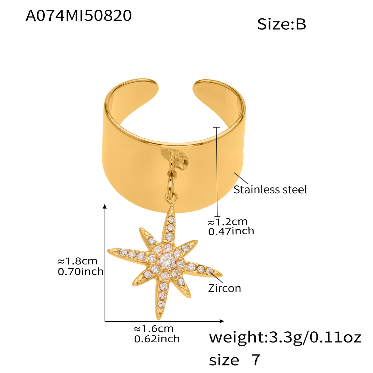 B廠-跨境新款不鏽鋼寬面開口五角星八芒星鑲鋯石戒指鍍18k真金「A074」25.09-4