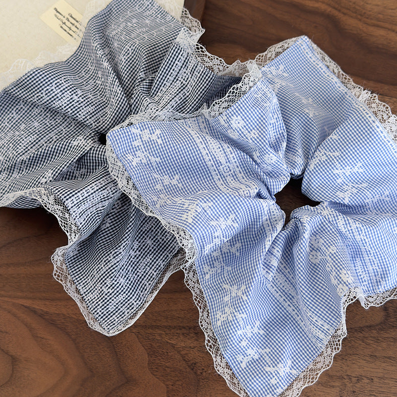 E廠-淺藍色蕾絲刺繡方巾大腸髮圈女清新扎頭髮丸子頭髮繩側低馬尾頭繩「26917」25.05-2