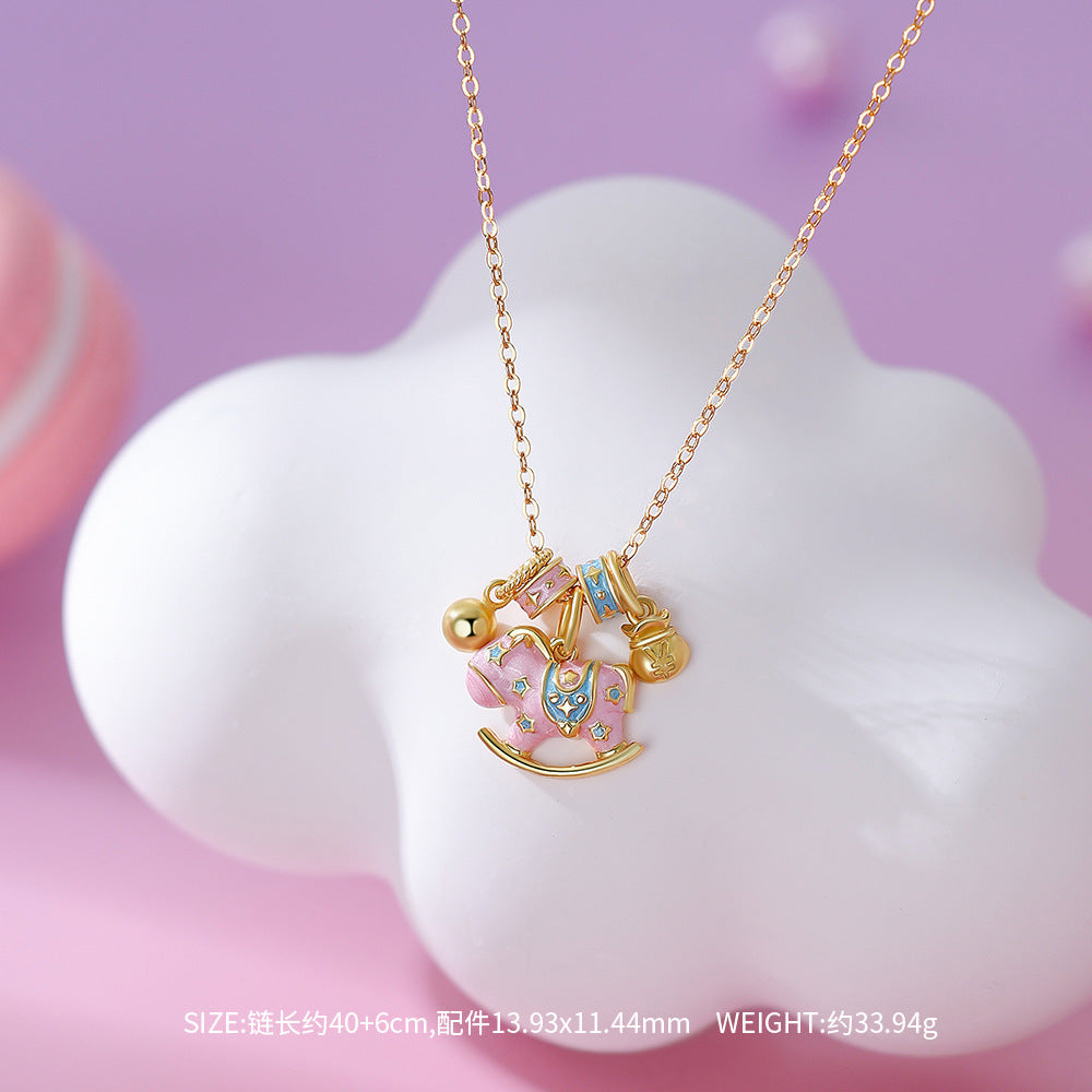 D廠-原創足銀S999搖搖馬項鍊女生肖馬多巴胺童趣國風創意鎖骨鏈批發「YC1589N_1」25.12-1