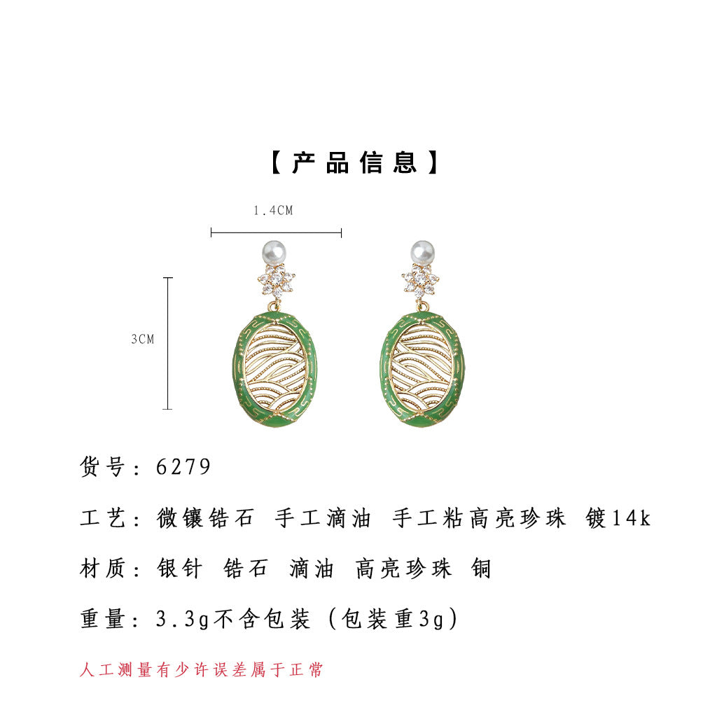 A廠-原創設計 新中式紋樣微鑲鋯石925銀針琺瑯滴釉綠色耳飾耳環「6278-6279」25.06-3