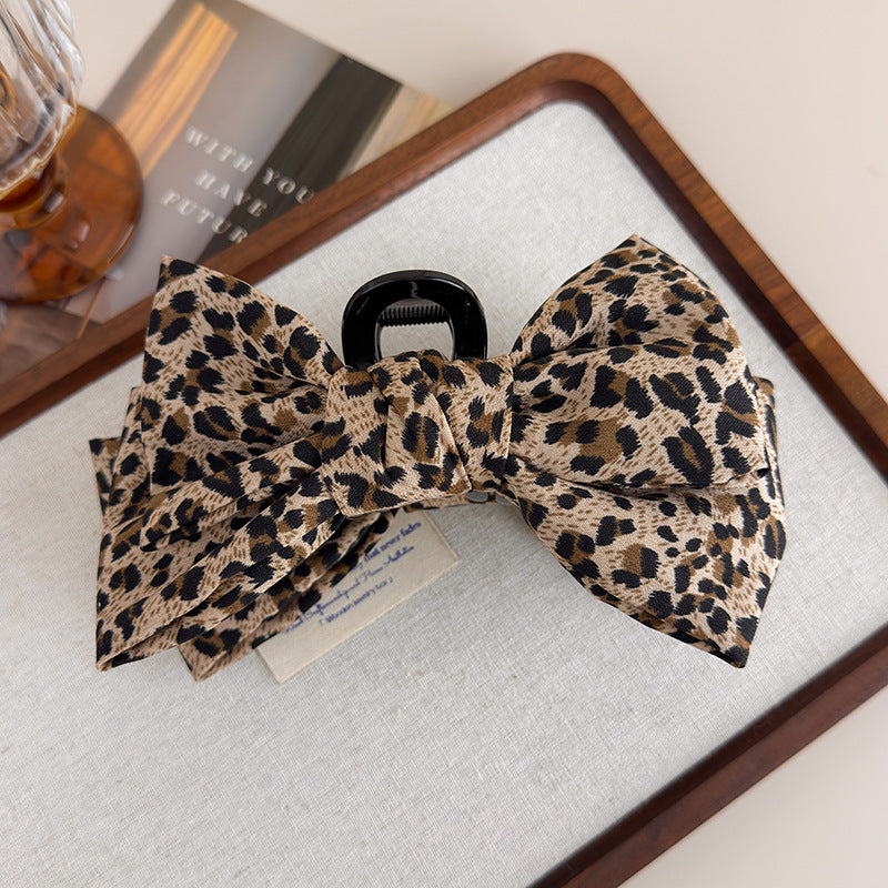 E廠-豹紋蝴蝶結抓夾女2025新款高級感盤髮夾後腦勺鯊魚夾秋冬氣質頭飾「27689」25.11-3