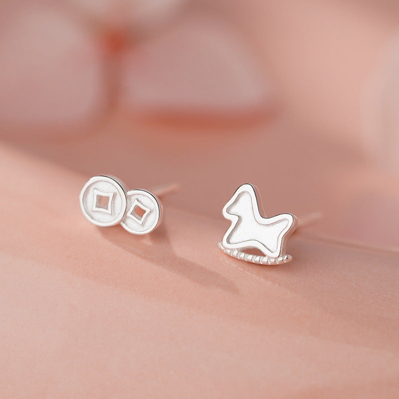 D廠-S999足銀木馬銅錢耳環新中式簡約氣質本命年氣質小眾耳飾批發「YC2891E_1」25.11-3