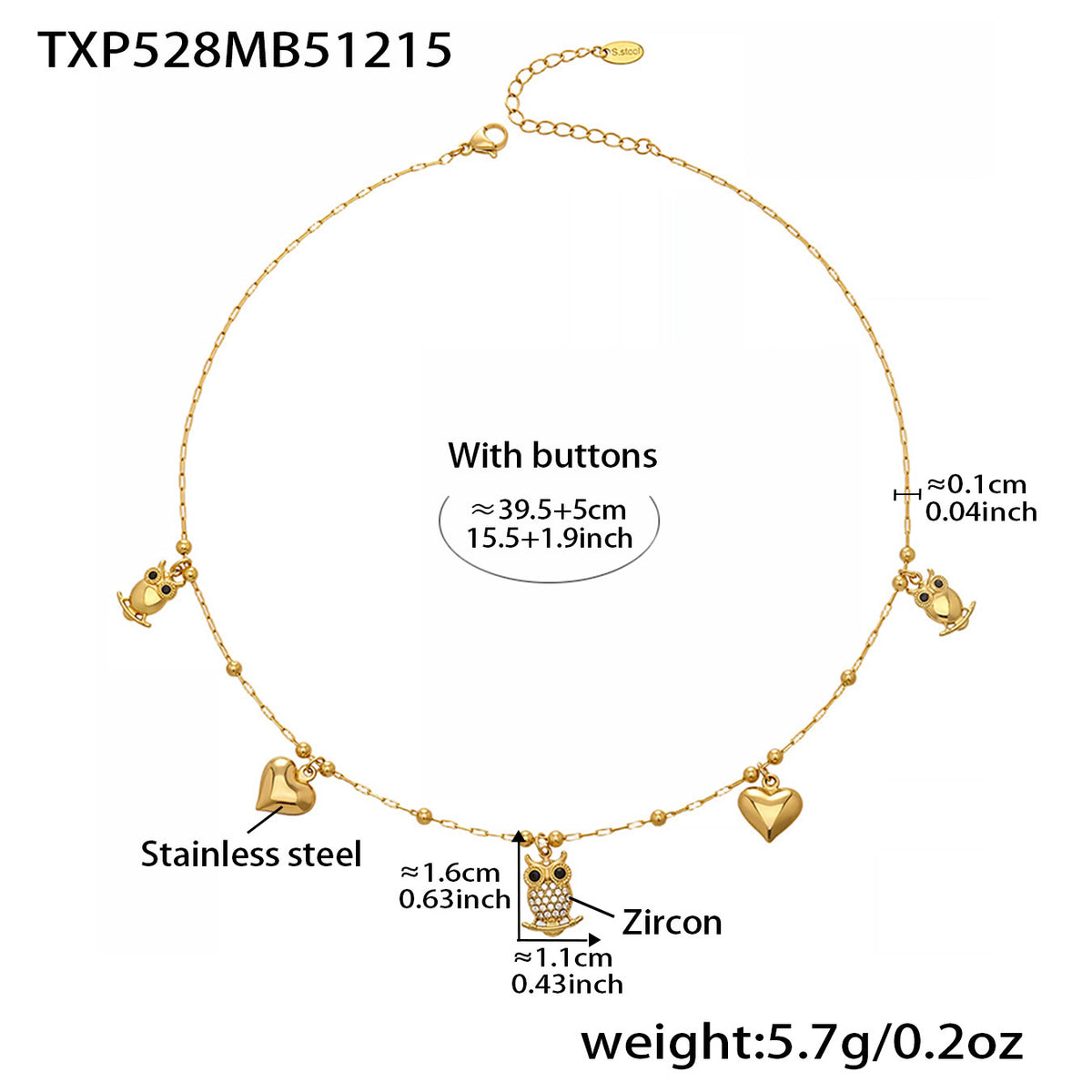 B廠-不鏽鋼貓頭鷹鑲鋯石DIY多配件愛心吊墜項鍊手鍊首飾套裝鍍18k真金「TXP528」25.12-3