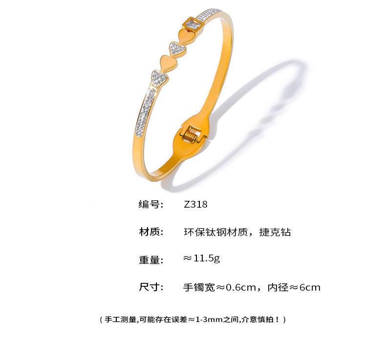 B廠-歐美跨境熱賣款鈦鋼桃心手鐲鑲鑽簡約彈力開口時尚手環不褪色飾品「Z318」24.06-4
