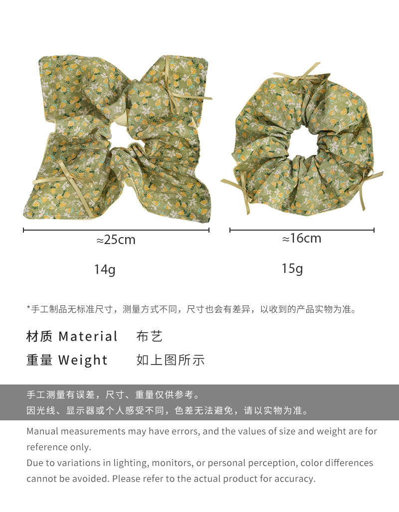 E廠-韓國復古綠色系碎花髮圈布藝褶皺蝴蝶結頭花小清新扎頭髮馬尾髮繩「26820」 25.04-3