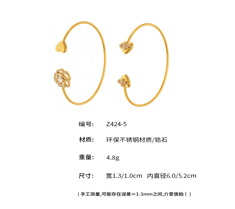 B廠-滿鑽愛心玫瑰花5A鋯石細圈手鐲女小眾開口設計輕奢時尚鐲子「Z424-Z425」25.05-4