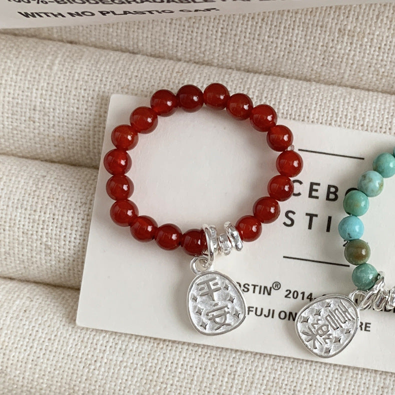 C廠-古風花朵葉子福袋小馬元寶蘋果紅瑪瑙彈力戒指S925純銀戒指女士「RB」25.11-4