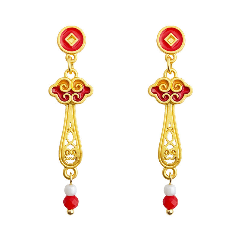 A廠-新年款玉如意琺瑯手工彩繪滴釉紅色新款耳環工廠長款新中式耳環飾品「7214」25.12-2