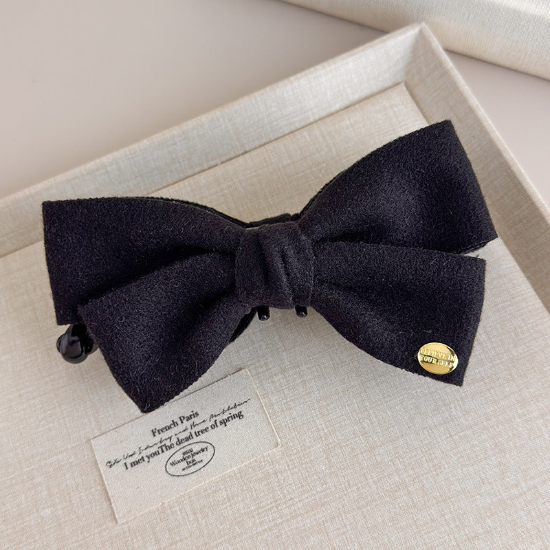 E廠-韓國秋冬高級感雙面呢子蝴蝶結香蕉夾韓系金標竪夾馬尾髮夾髮飾「27639」25.11-1