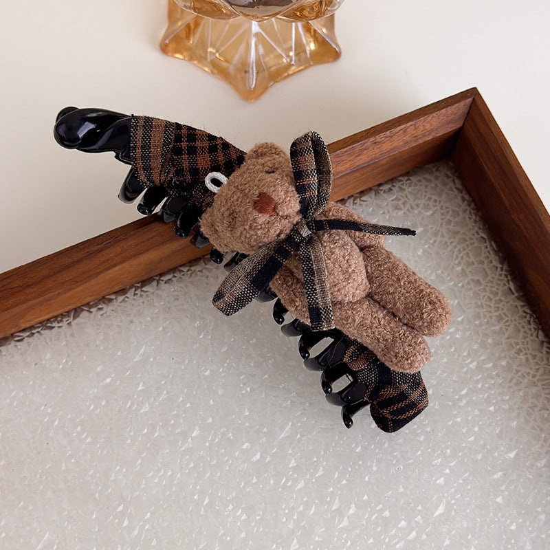 E廠-美拉德格紋布藝蝴蝶結玩偶小熊香蕉夾髮夾竪夾大號馬尾夾韓版髮飾「27722」25.11-4