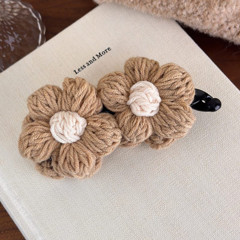 E廠-復古毛線花朵香蕉夾竪夾女秋冬飽滿後腦勺高馬尾抓夾氣質百搭髮夾「27628」25.11-1