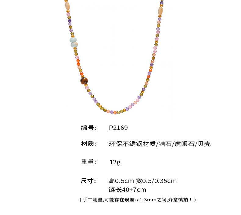 B廠-多巴胺切面鋯石手工串珠虎眼石鎖骨項鍊時尚精緻彩色頸鏈女「P1269」25.05-2