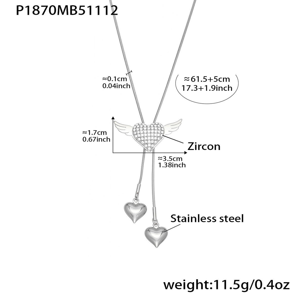 B廠-5A鋯石愛心翅膀抽拉項鍊個性ins冷淡風不鏽鋼流蘇項鍊批發「P1870」25.11-3