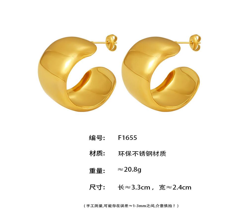 B廠-歐美時尚C型大光面耳環不鏽鋼PVD鍍真金不褪色時髦潮流耳飾「F1655」24.10-3