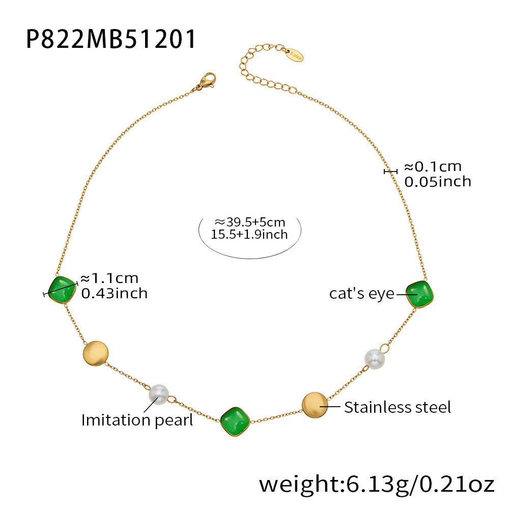 B廠-不鏽鋼貓眼石多色手工串膠珠鎖骨項鍊鍍18k真金質感女款珠寶首飾「P822」25.12-2