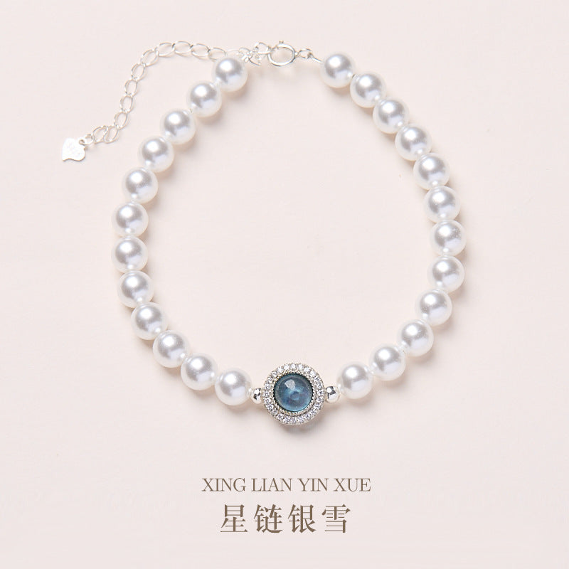 AS廠-源頭工廠批發S925純銀海藍寶石珍珠手鍊女施華洛貝珠高級感手鍊「081D096」25.04-4