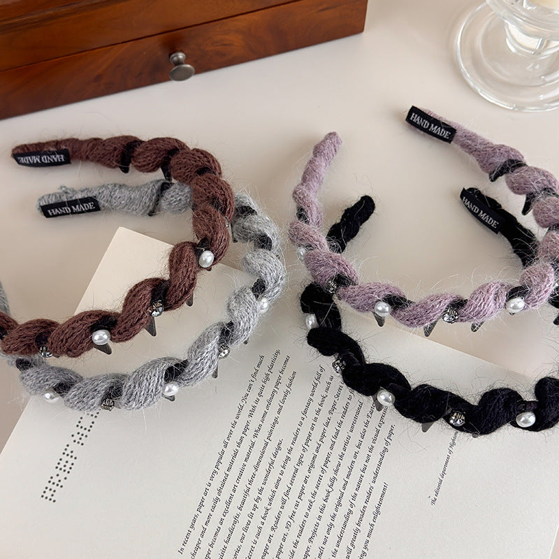 E廠-韓系閃鑽珍珠毛線波浪髮箍女高顱頂頭箍帶齒防滑外戴髮卡壓髮頭飾「27663」25.11-2