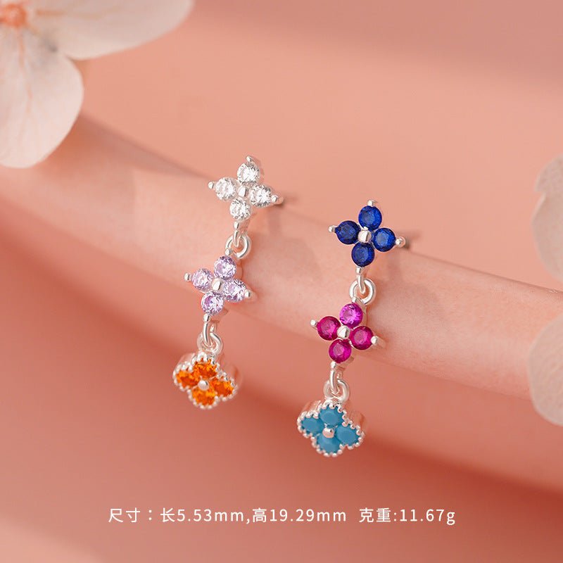 D廠-S925純銀個性彩色四葉草耳環環甜美多巴胺可愛清新簡約首飾批發「YC3164R_1 YC6343E_1」25.11-2