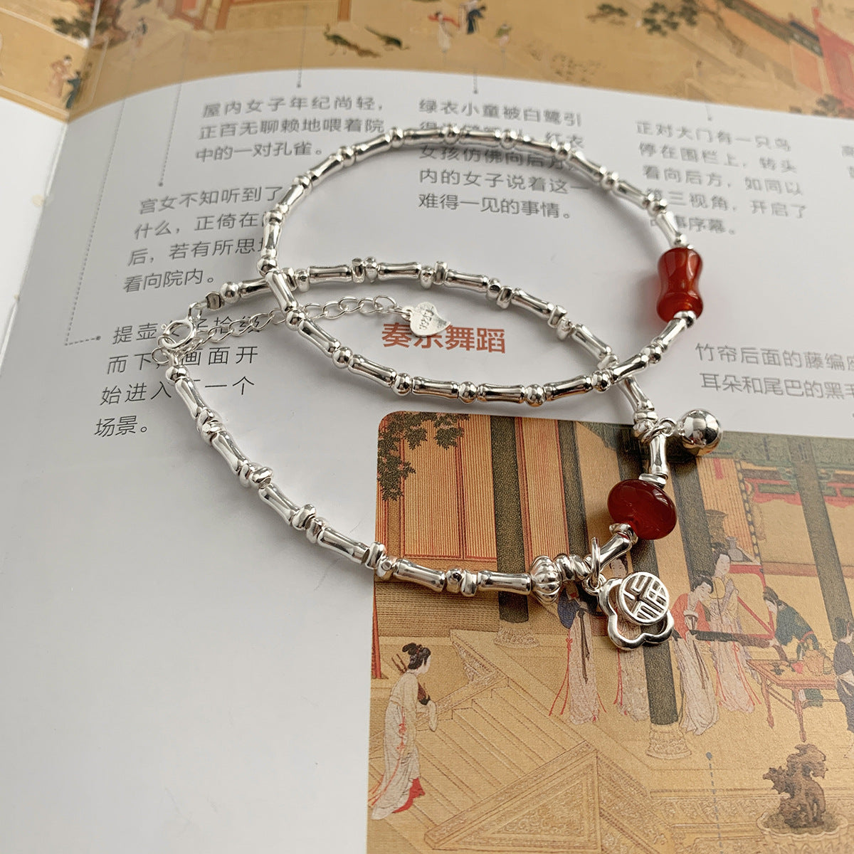 C廠-新中式國風復古風竹節紅瑪瑙福字圓球紅瑪瑙手串S925純銀手鍊「S828」25.06-1