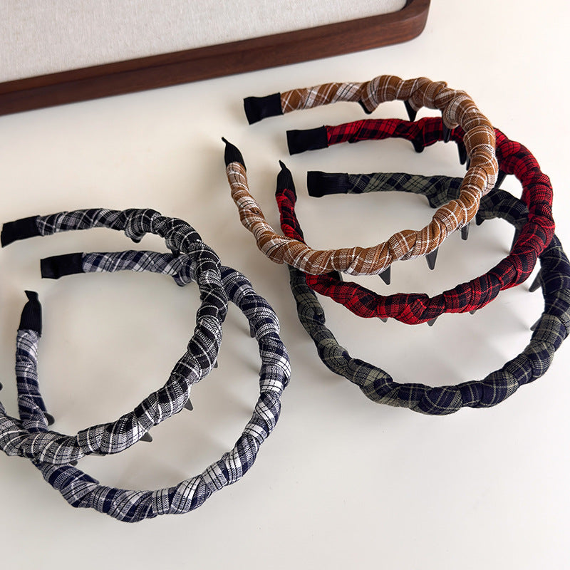 E廠-韓版格紋纏繞髮箍復古格子網紅百搭壓髮波浪帶齒頭箍高顱頂頭飾「27343」25.08-3