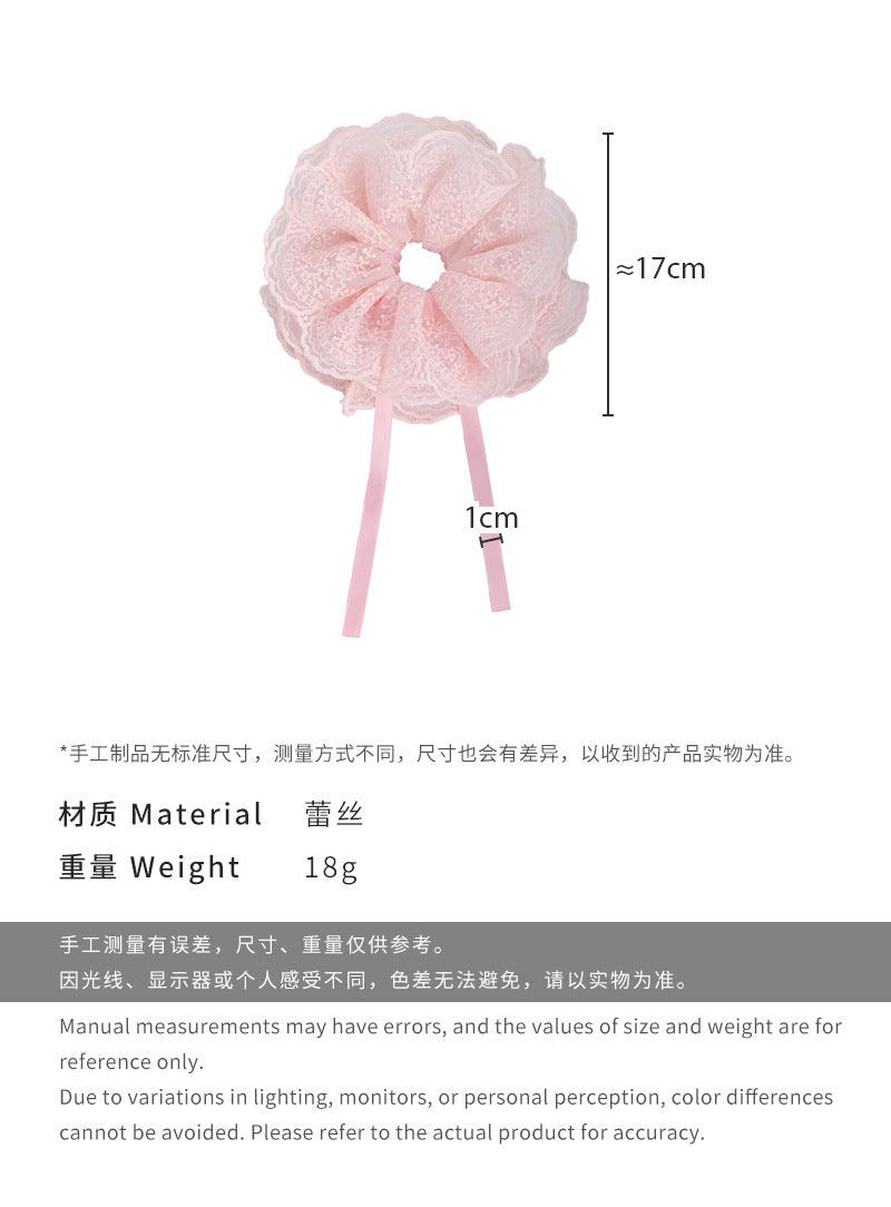 E廠-可抽拉調節刺繡蕾絲雙層髮圈女芭蕾風活動式抽繩絲帶頭花髮繩頭繩「26768」25.04-1