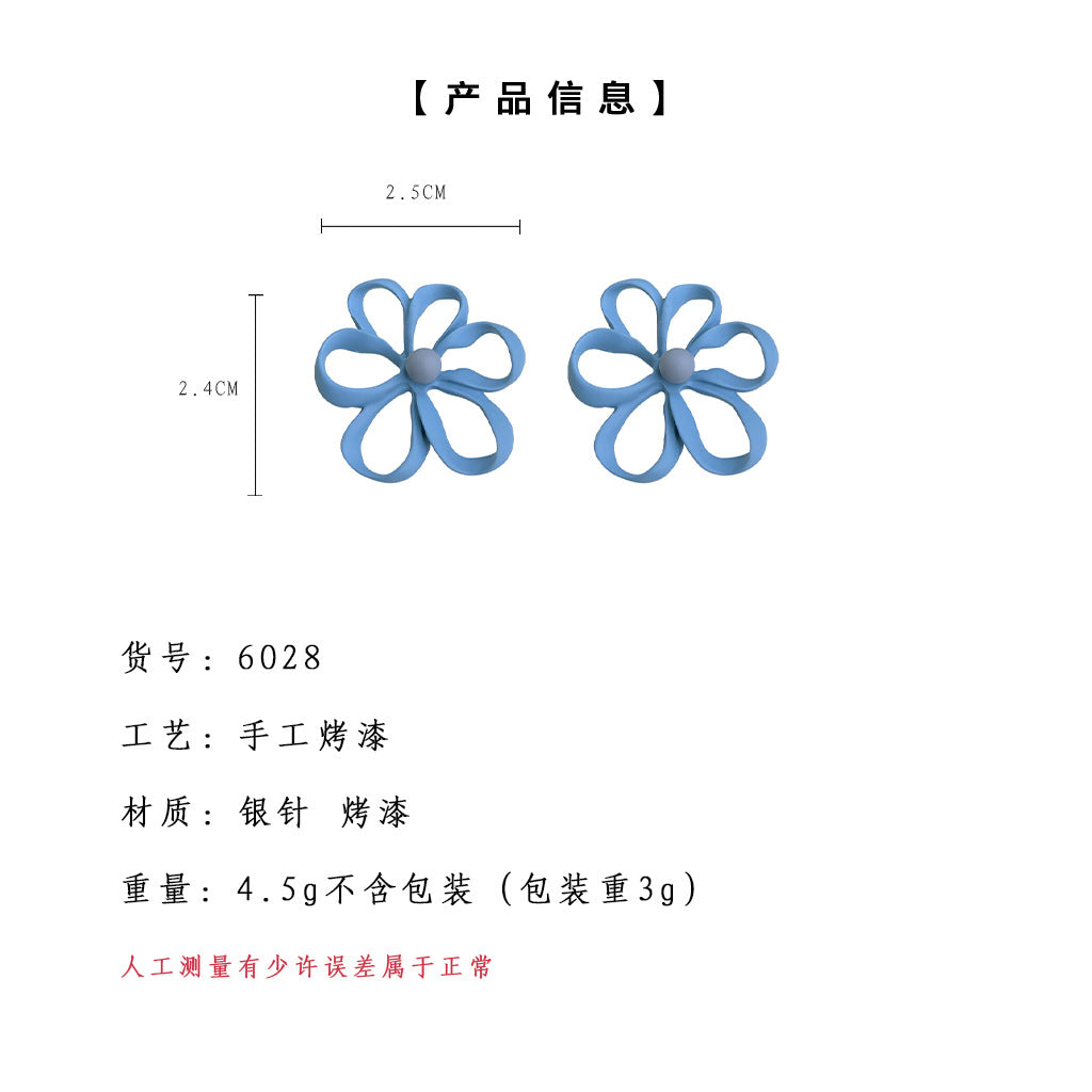 A廠-清新甜美夏日新款氣質優雅奶藍色烤漆花朵鏤空耳飾工廠耳環飾品女「6028」25.05-3