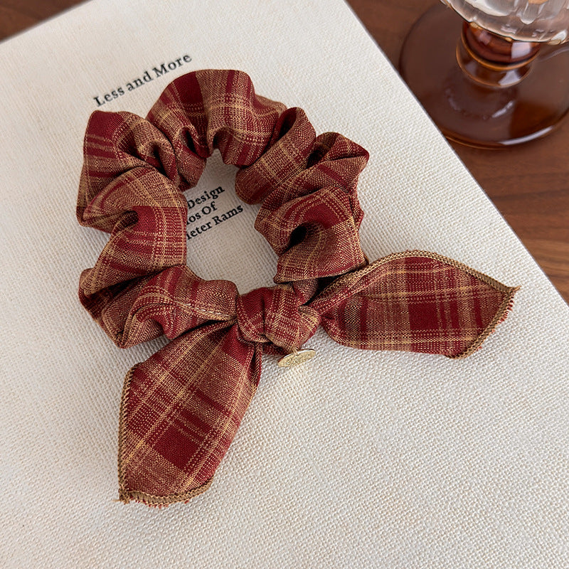 E廠-復古格紋學院風蝴蝶結髮圈減齡時尚百搭髮繩皮筋小腸髮圈頭飾品「27646」25.11-1