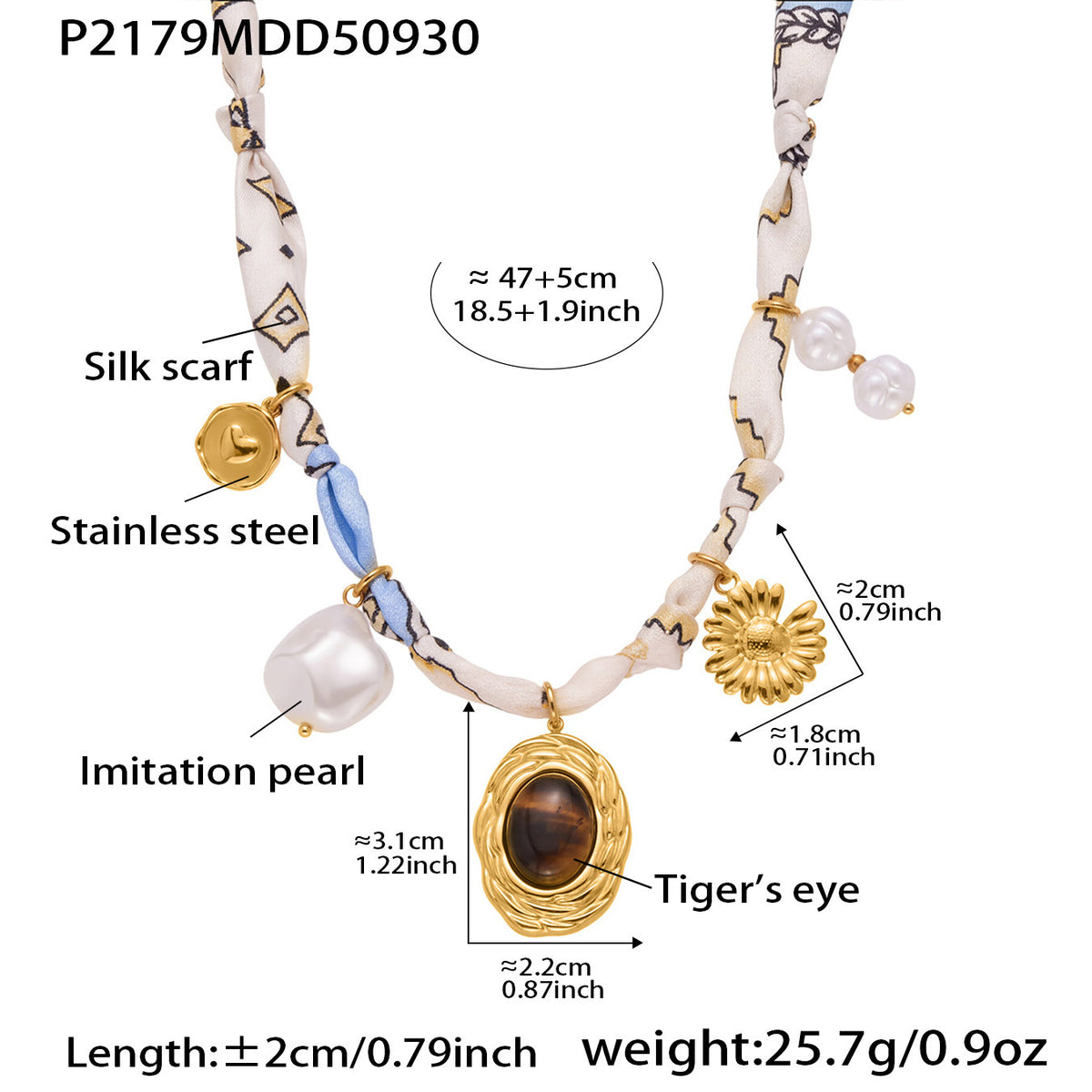 B廠-diy絲巾項鍊 虎眼石仿珍珠頸鏈 小眾設計感打結布條飾品「P2178」25.10-2