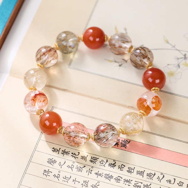 AS廠-黑金超七水晶手鍊女紅膠花金髮晶川料滿肉南紅多寶手串批發「L131Q010」25.03-3