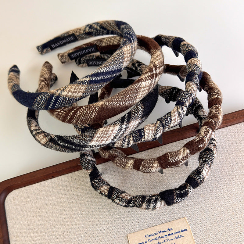 E廠-學院風格子布藝纏繞髮箍韓系百搭高顱頂波浪格紋帶齒防滑頭箍頭飾「27385」25.08-5