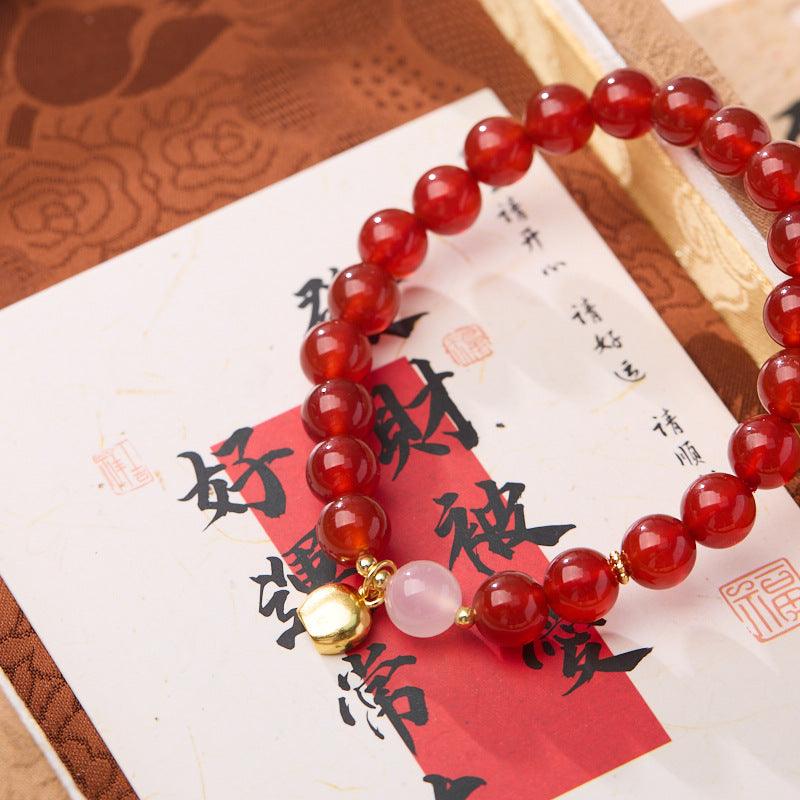 AS廠-小紅書爆款天然8MM紅瑪瑙手鍊金鏟鏟盆滿鉢滿本命年好運手串批發「N0810773」25.03-3