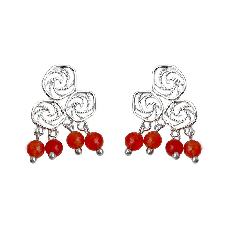 A廠-原創設計文藝復古手工藝設計紅瑪瑙天然石鏤空幾何中式祥雲耳飾「7057」25.11-2