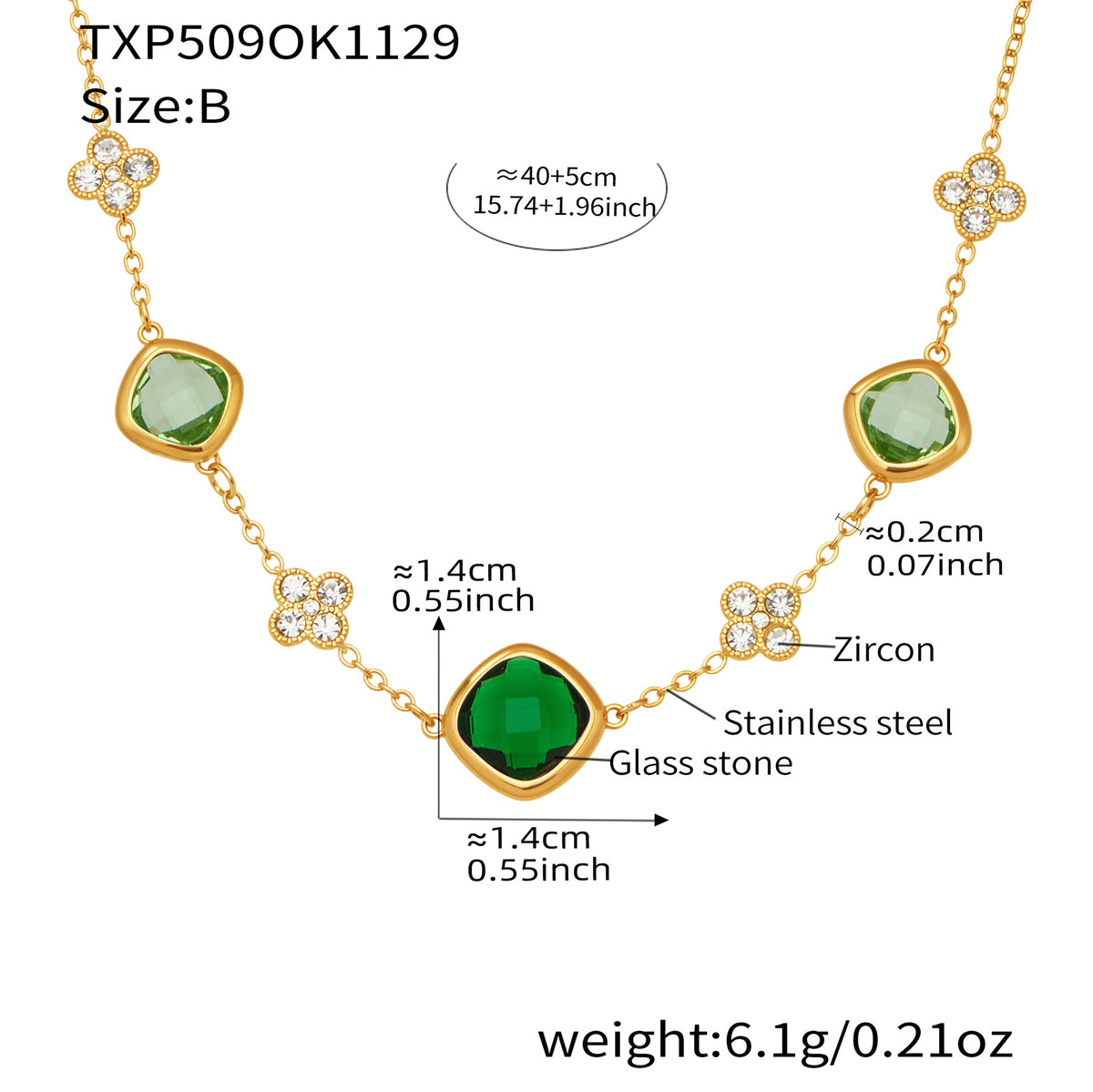 B廠-不鏽鋼四葉花鑲鋯石切麵包邊石頭手鍊長款毛衣鏈項鍊耳環首飾套裝「TXP509」25.12-1