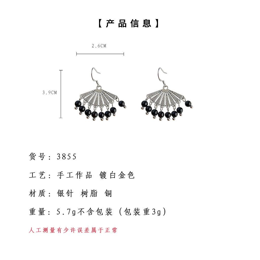 A廠-民族風實物很美~扇形流蘇黑色氣質優雅耳飾工廠手工925銀針耳環女「3855」24.04-4