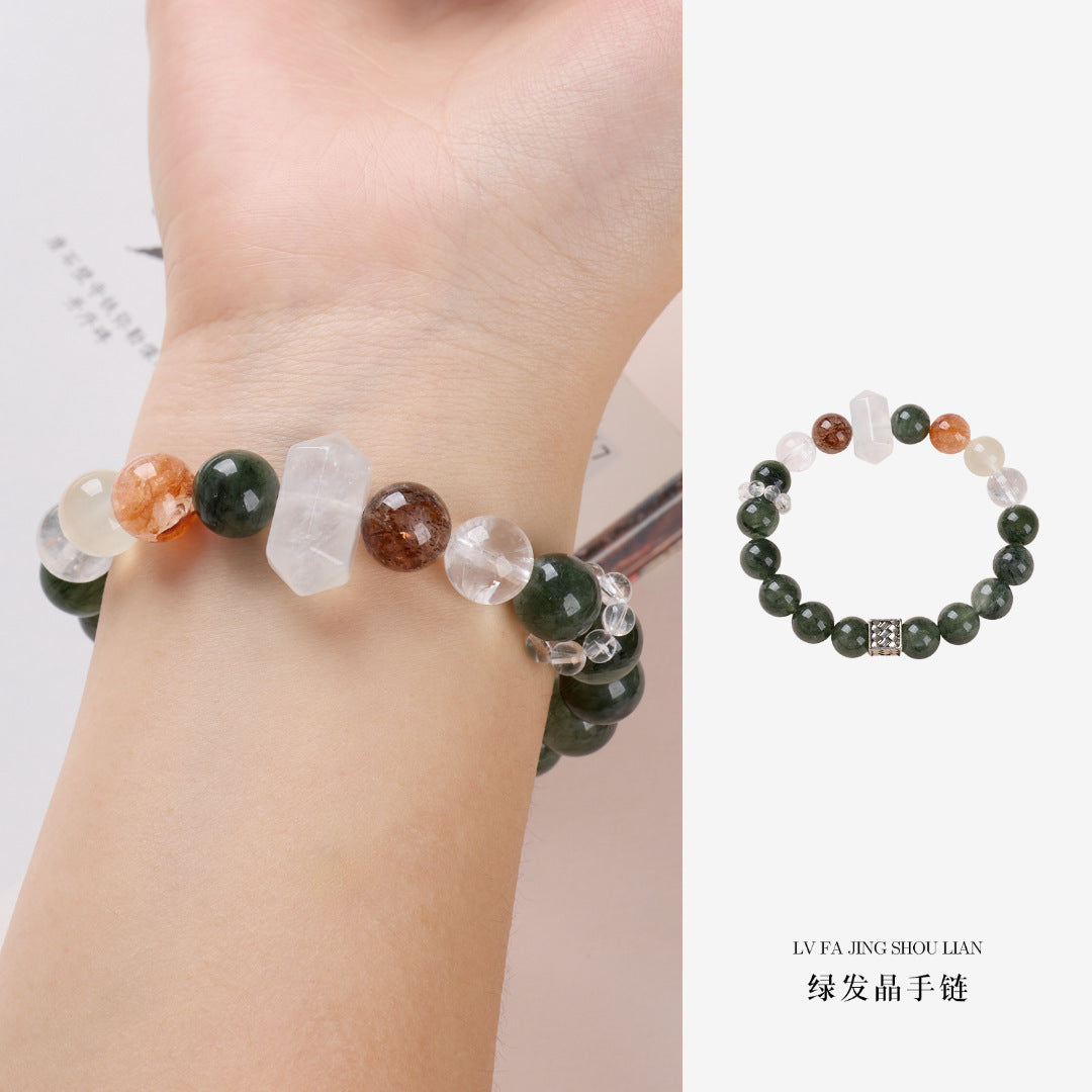 AS廠-天然10MM綠髮晶手鍊女好運白水晶紅膠花多寶高級感水晶手串批發「J101X116」25.08-3