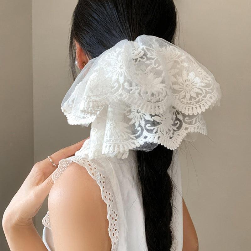 E廠-加大號超仙蕾絲刺繡大腸髮圈女高級感扎低馬尾丸子頭髮繩頭繩皮筋「26767」25.04-1