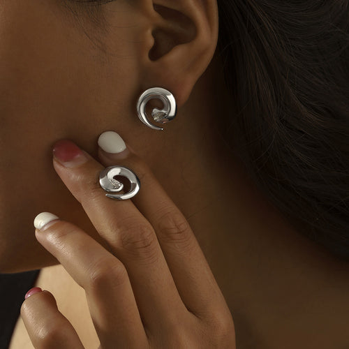 B廠-日韓旋轉螺紋戒指鈦鋼鍍金鑲鑽設計感耳環簡約小眾不掉色套裝飾品「A602-F1287」24.04-2