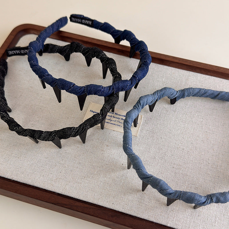 E廠-韓系纏繞編織牛仔髮箍帶齒防滑齒頭箍日常簡約經典百搭波浪頭飾「27245」25.07-4