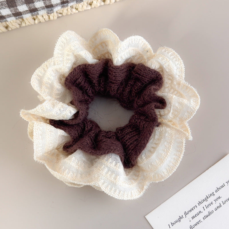 E廠-韓系慵懶風毛線針織蕾絲花邊雙層大腸髮圈女扎頭髮丸子頭髮繩頭繩「27716」25.11-4